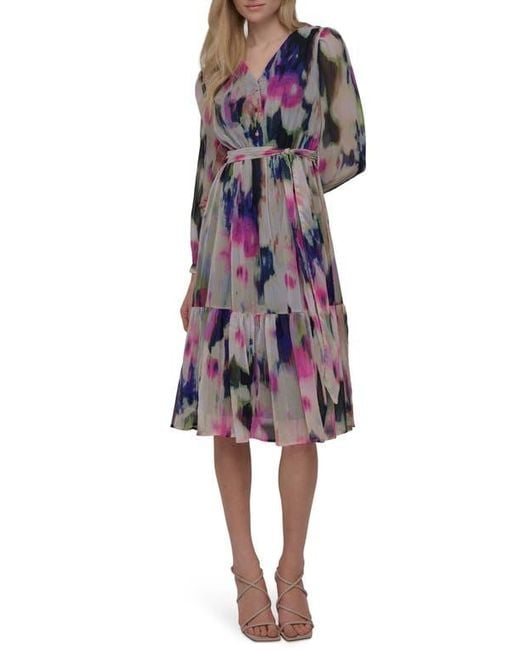 DKNY Multicolor V-Neck Long Sleeve Fit & Flare Dress
