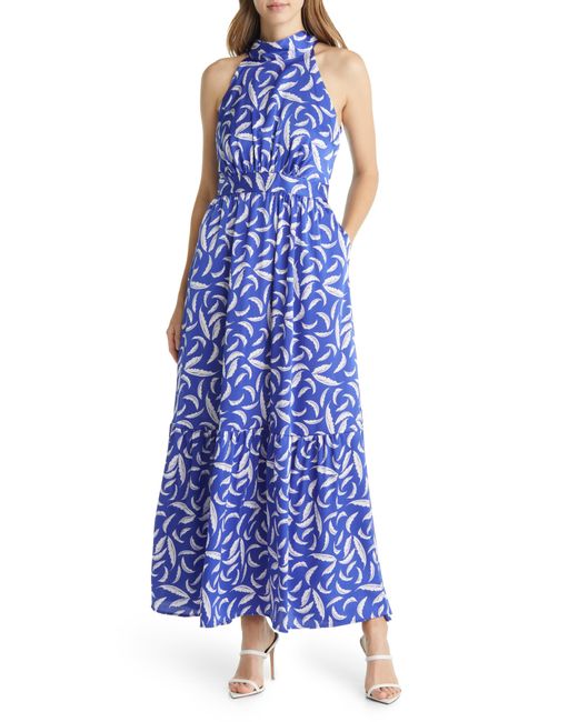 Tahari Blue Leaf Print Stretch Charmeuse Maxi Dress