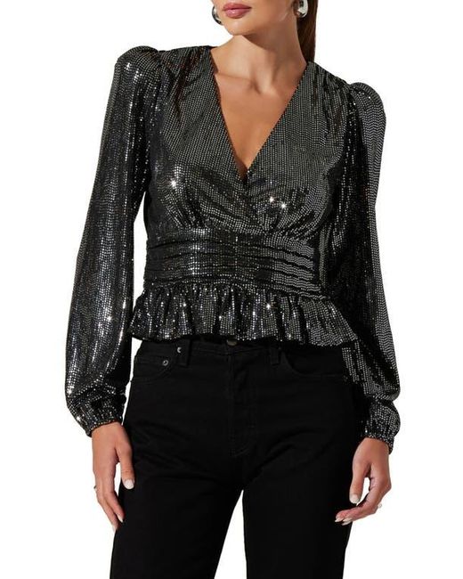 Astr Black Metallic Sequin Long Sleeve Peplum Top