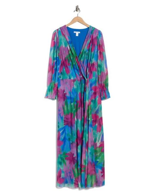 London Times Floral Long Sleeve Faux Wrap Maxi Dress in Blue | Lyst