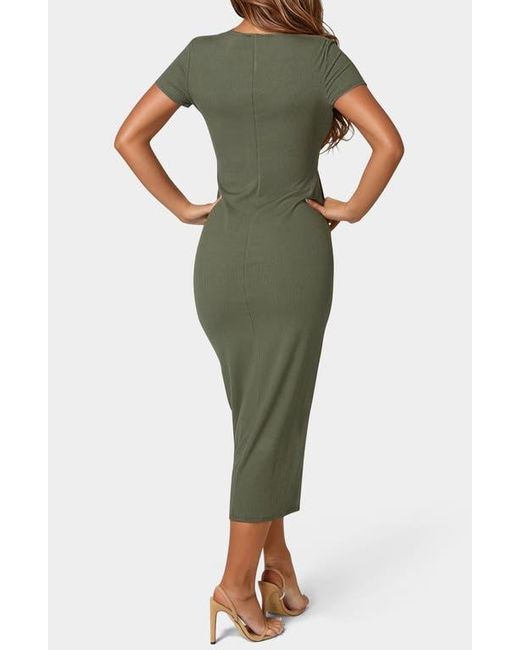Bebe Green Short Sleeve Ribbed Midi Dress