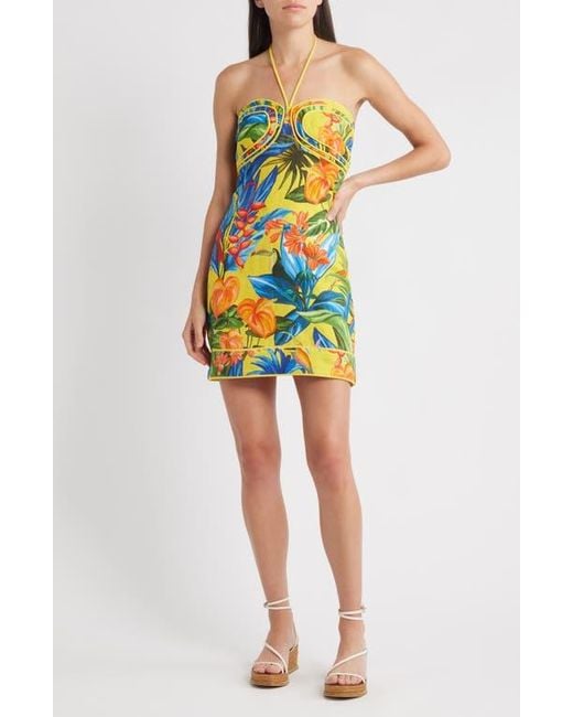 FARM Rio Bright Nature Linen Halter Minidress in Yellow | Lyst