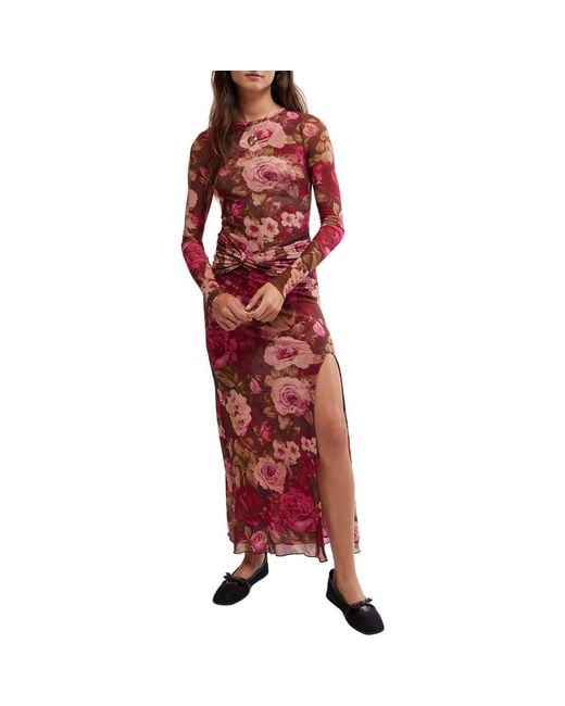 Free People Gianni Long Sleeve Stretch Mesh Body-Con Dress in Red | Lyst