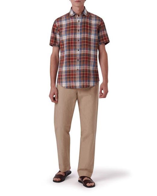 Bugatchi Red Plaid Short Sleeve Linen Button-Up Shirt for men