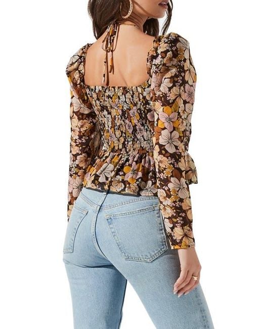 Astr Brown Toni Tie Neck Peplum Top