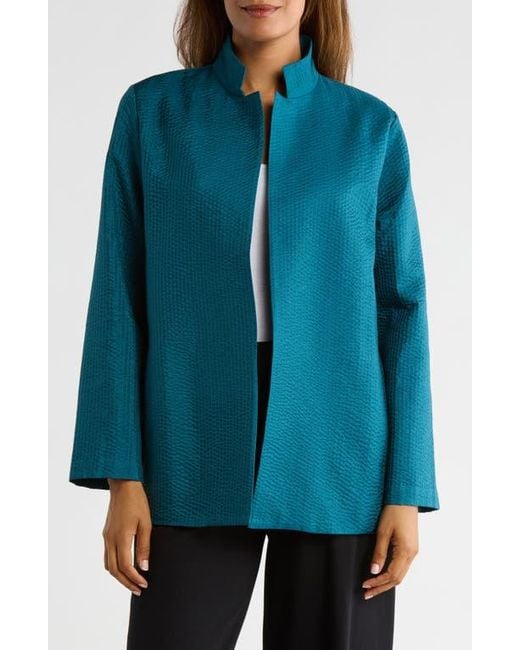 Eileen Fisher Blue Textured Silk Open Front Jacket