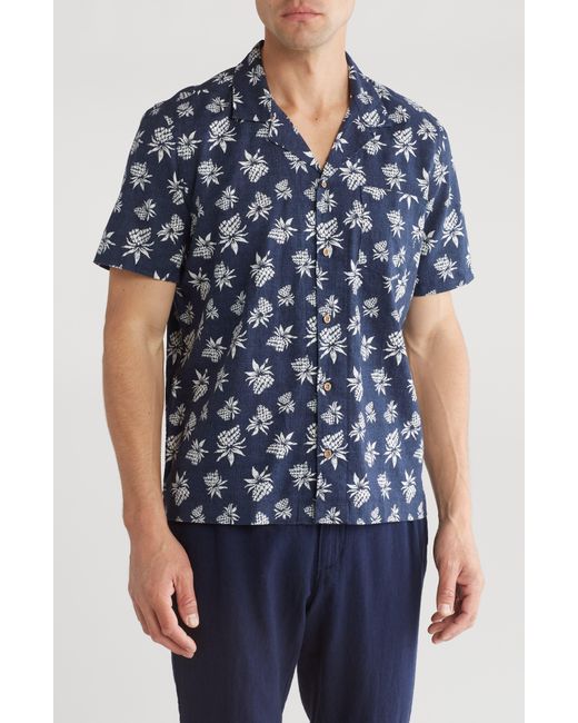 Tailor Vintage Blue Puretec Cooltm Cabana Print Short Sleeve Linen & Cotton Button-up Shirt for men