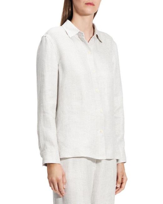 Theory White B.Mela Houndstooth Linen Blend Button-Up Shirt
