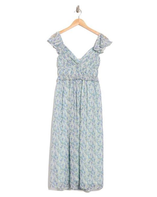 Lush Blue Shirred Flutter Sleeve Midi Dress