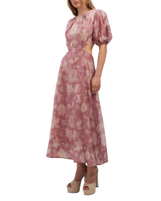 Bardot Red Fontana Floral Puff Sleeve Cutout Midi Dress