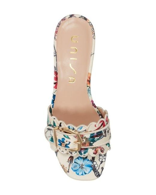 Unisa White Vinley Denim Buckle Scalloped Slide Sandal