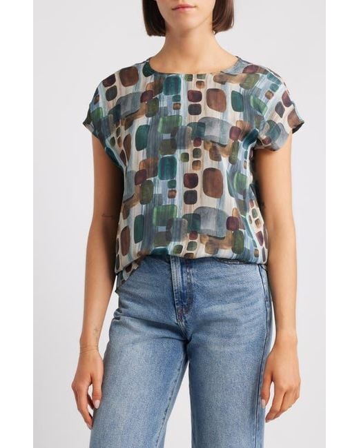 Apny Blue Geometric Print Cap Sleeve Shell