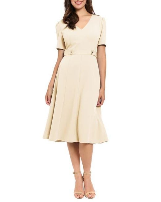 london times women's tab-waist fit & flare dress London Times Petite Fit & Flare Scuba Crepe Midi Dress - Persimmon