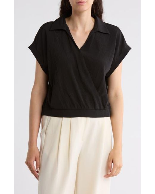 Pleione Black Short Sleeve Faux Wrap Textured Satin Top