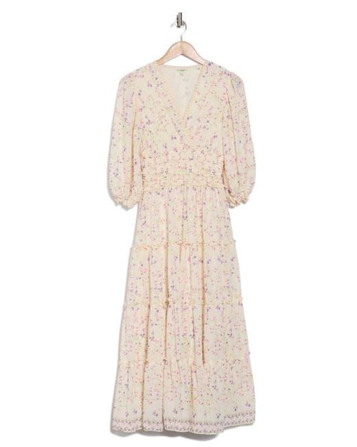 Max Studio White Floral Balloon Sleeve Tiered Maxi Dress