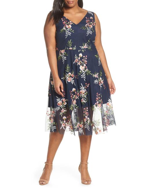 Vince Camuto Blue Floral Embroidered Mesh Midi Dress (plus Size)