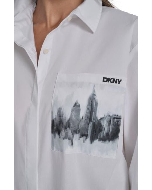 DKNY Gray Skyline Pocket Oversize Long Sleeve Button-Up Shirt