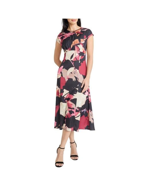 Maggy London Red Floral Cap Sleeve A-Line Midi Dress
