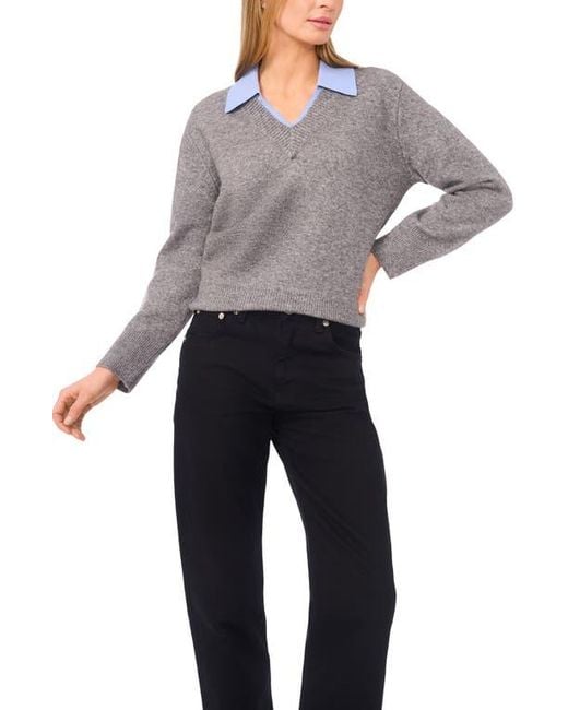 Halogen® Gray Contrast Collar Twofer Sweater