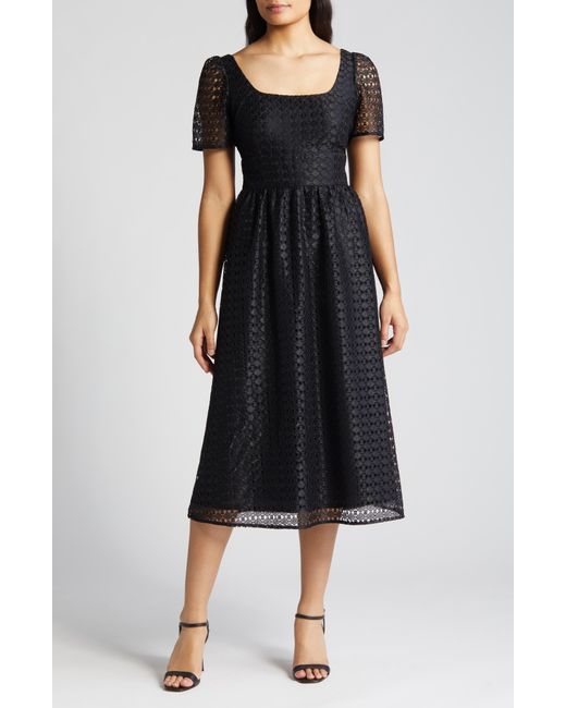 Anne Klein Black Puff Sleeve Geometric Lace Midi Dress