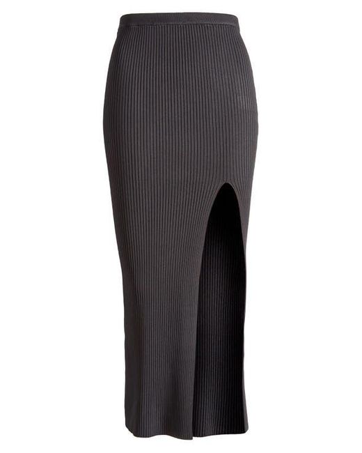 GOOD AMERICAN Black Shine Ribbed Slit Midi Skirt