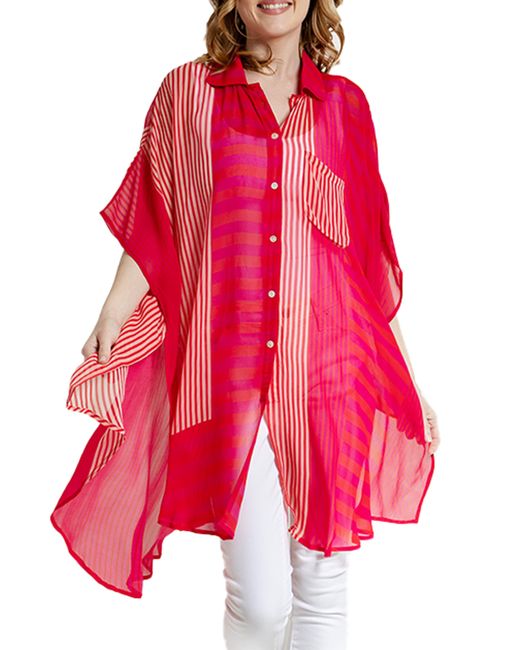 Saachi Red Sheer Oversize Stripe Cover Up Shirt