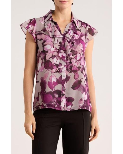 Calvin Klein Purple Ruffle Front Cap Sleeve Top