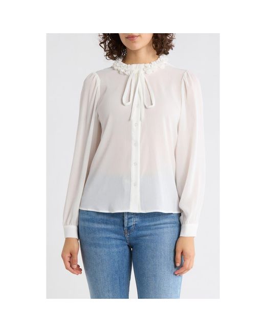 Adrianna Papell White Flower Tie Neck Button-Up Shirt