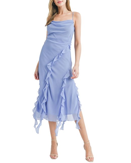 Lush Blue Asymmetric Ruffle Midi Dress
