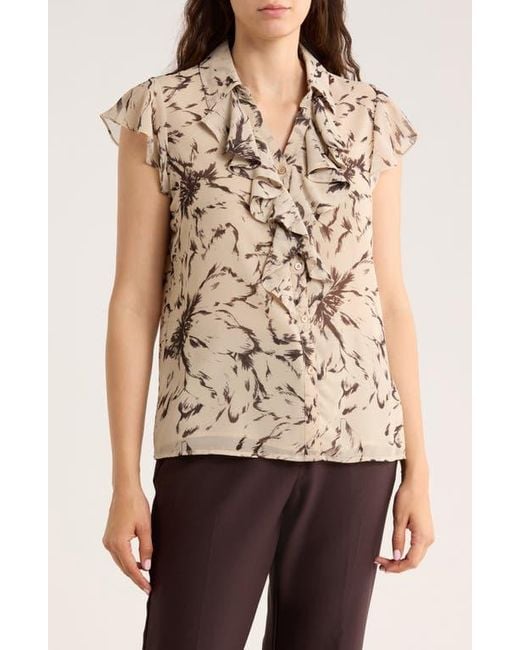 Calvin Klein Natural Cap Sleeve Ruffle Button-Up Shirt