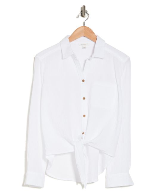 Beach Lunch Lounge White Long Sleeve Tie Hem Cotton Gauze Button-up Shirt