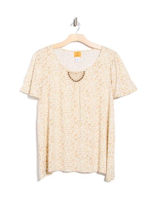 Ruby Rd Natural Embroidered Puff Print Flutter Sleeve T-Shirt