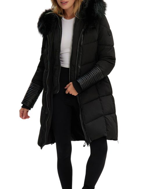 Noize Black Priya Water Resistant Mixed Media Parka With Faux Fur Trim
