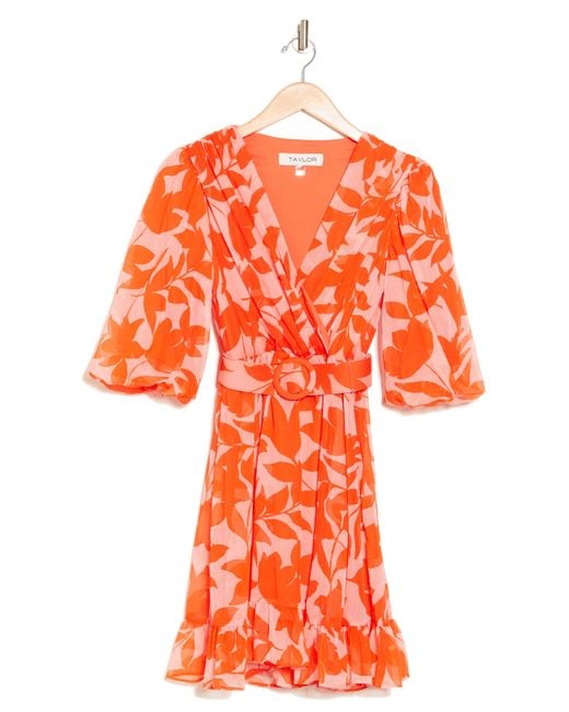 Taylor Dresses Orange Faux Wrap Belted Dress