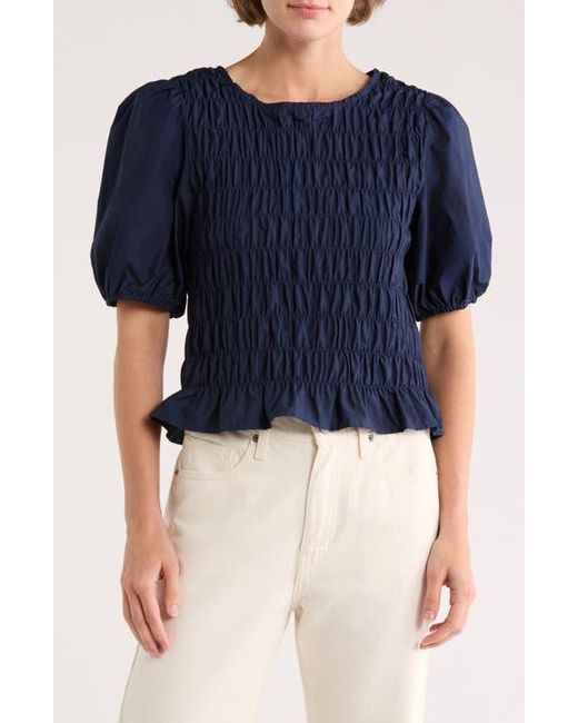 Sanctuary Blue Nanette Puff Sleeve Smocked Crop Top