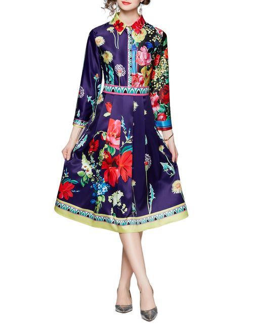 Kaimilan Floral Long Sleeve A-line Midi Dress in Red | Lyst