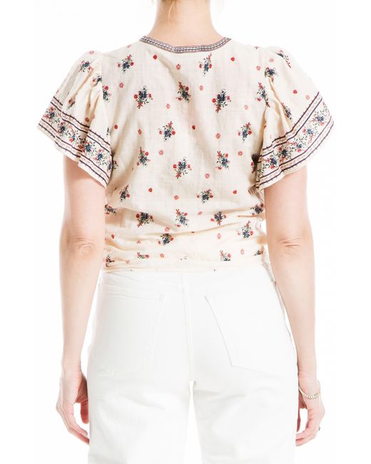 Max Studio White Floral Flutter Sleeve Tie Front Top