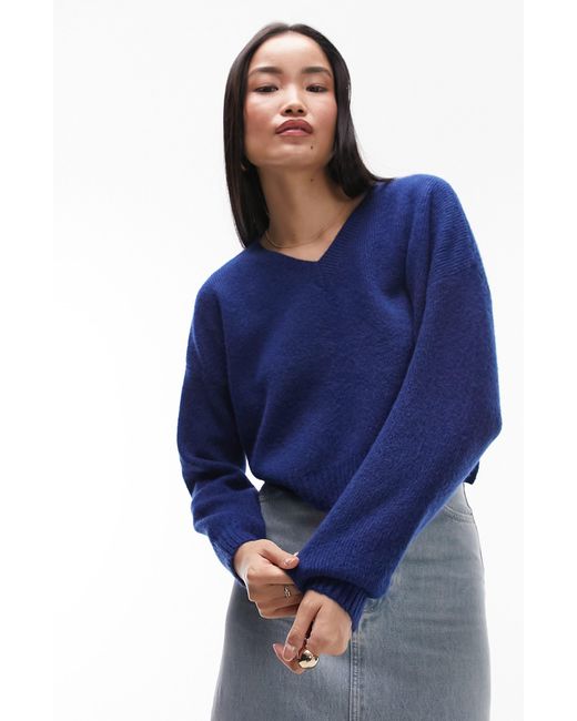 TOPSHOP Blue Knitted Crop V-neck Sweater