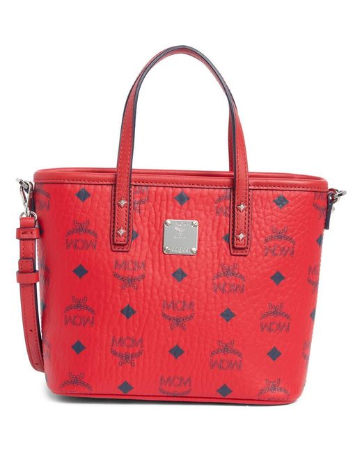 MCM Red Aren Visetos Coated Canvas Tote