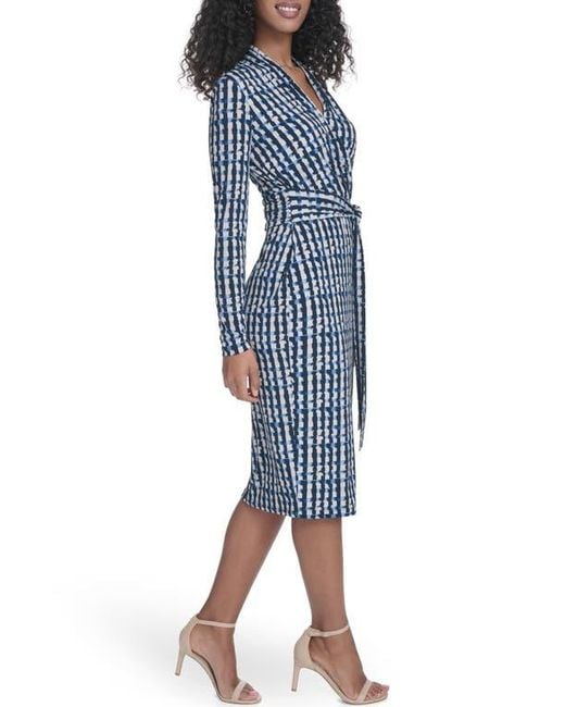 Calvin Klein Blue Long Sleeve Tie Waist Faux Wrap Dress