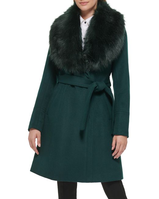 Karl Lagerfeld Green Faux Fur Collar Wool Blend Coat