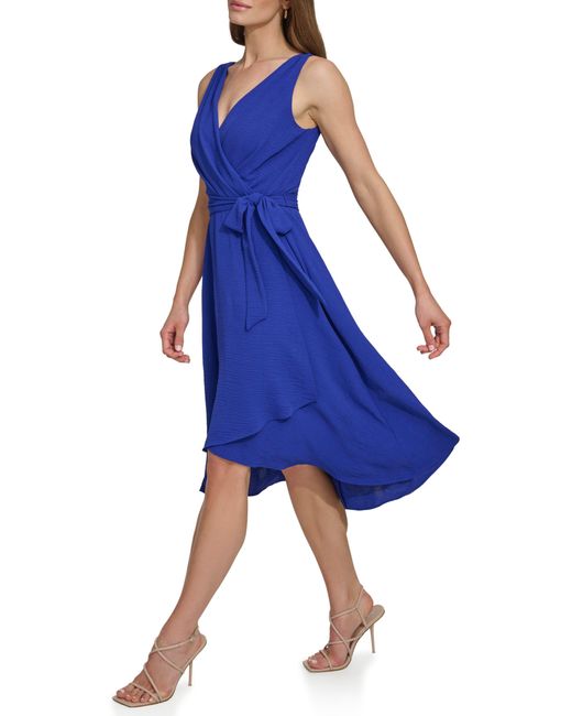 DKNY Blue Wrap Front Sleeveless High-low Dress
