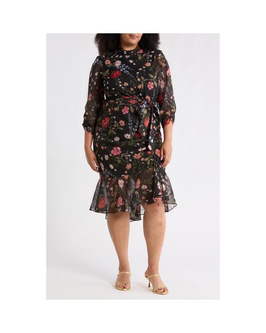 eliza j floral ruched midi dress Eliza J Floral Ruched Sleeve Dress in Black