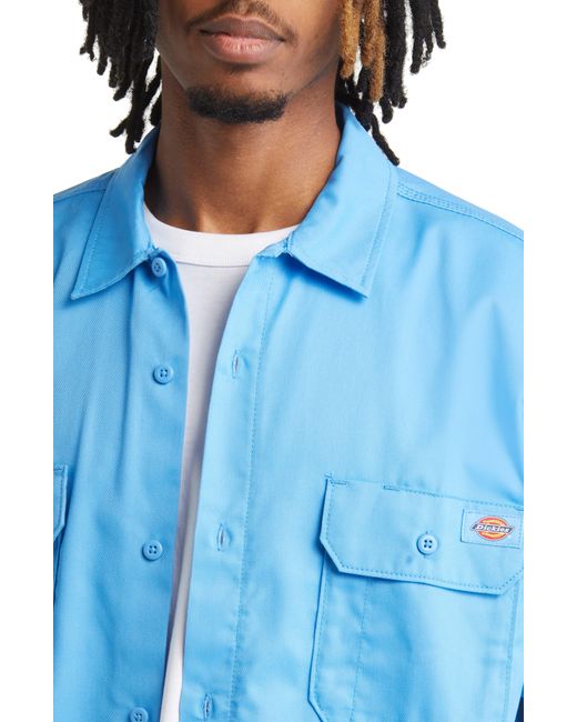 Dickies Blue Solid Short Sleeve Button-up Work Shirt for men