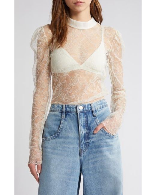 FRAME Blue Sheer Lace Mock Neck Top