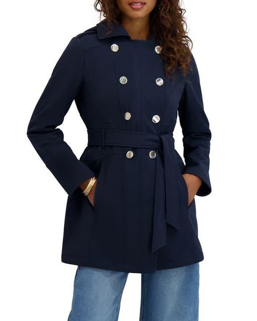 Kensie Blue Hooded Double Breasted Soft Shell Jacket