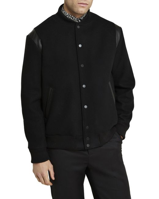 Ted Baker Dacre Varsity Leather Trim Wool Blend Bomber Jacket in Black