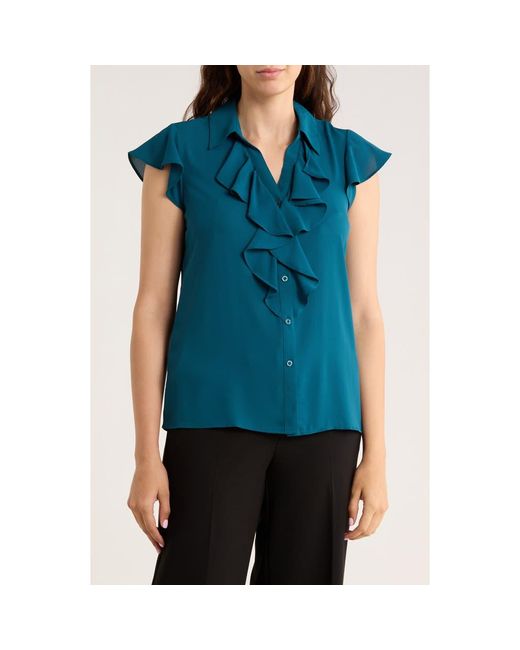 Calvin Klein Blue Cap Sleeve Ruffle Front Button-Up Shirt