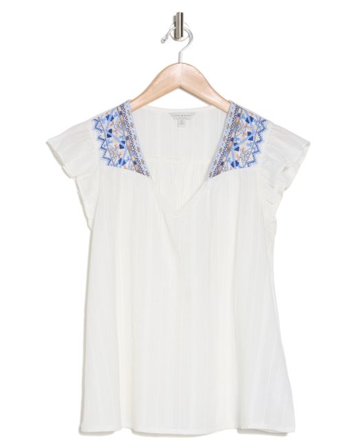 Lucky Brand Blue Embroidered Flutter Sleeve Top