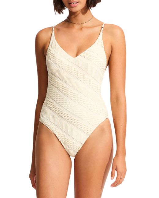Seafolly White Marrakesh V-neck One-piece Swimsuit